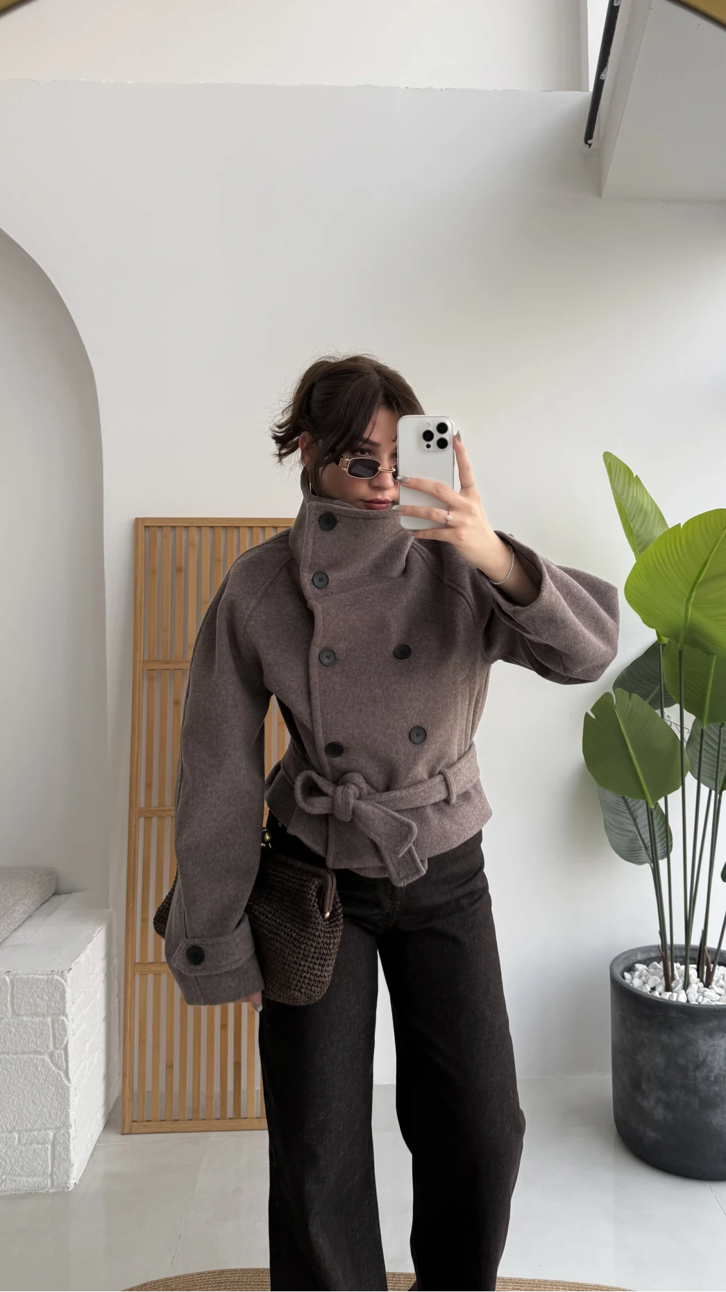 Dik Yaka Kuşaklı Kısa Kaşe Kaban - Kahverengi - Kod: 10301