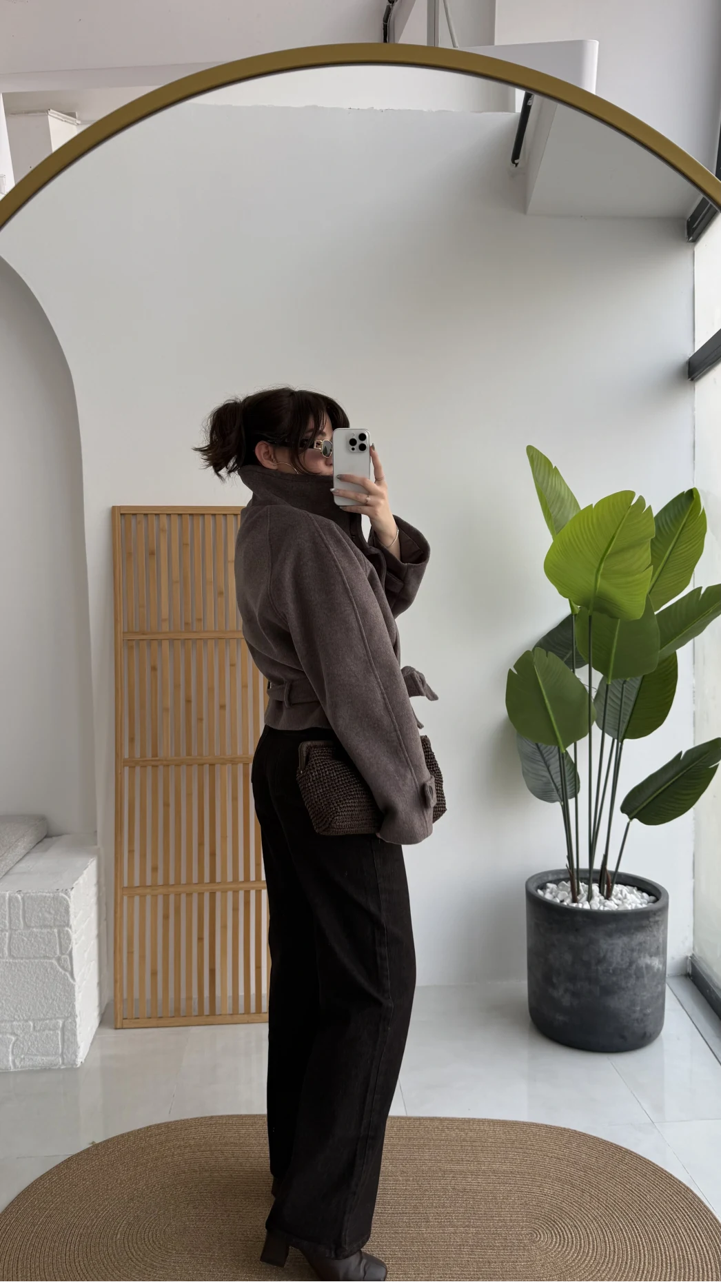 Dik Yaka Kuşaklı Kısa Kaşe Kaban - Kahverengi - Kod: 10301