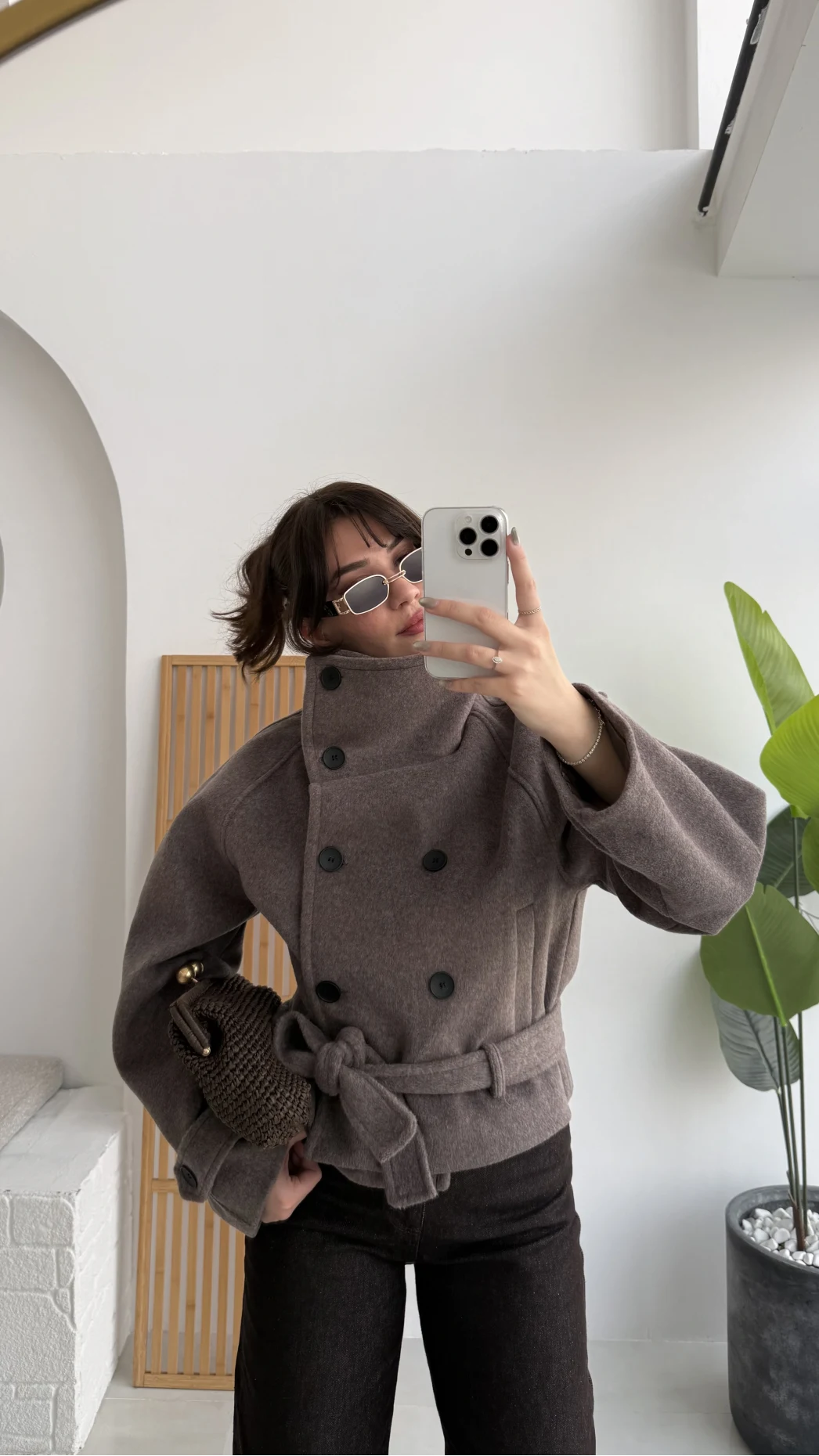 Dik Yaka Kuşaklı Kısa Kaşe Kaban - Kahverengi - Kod: 10301