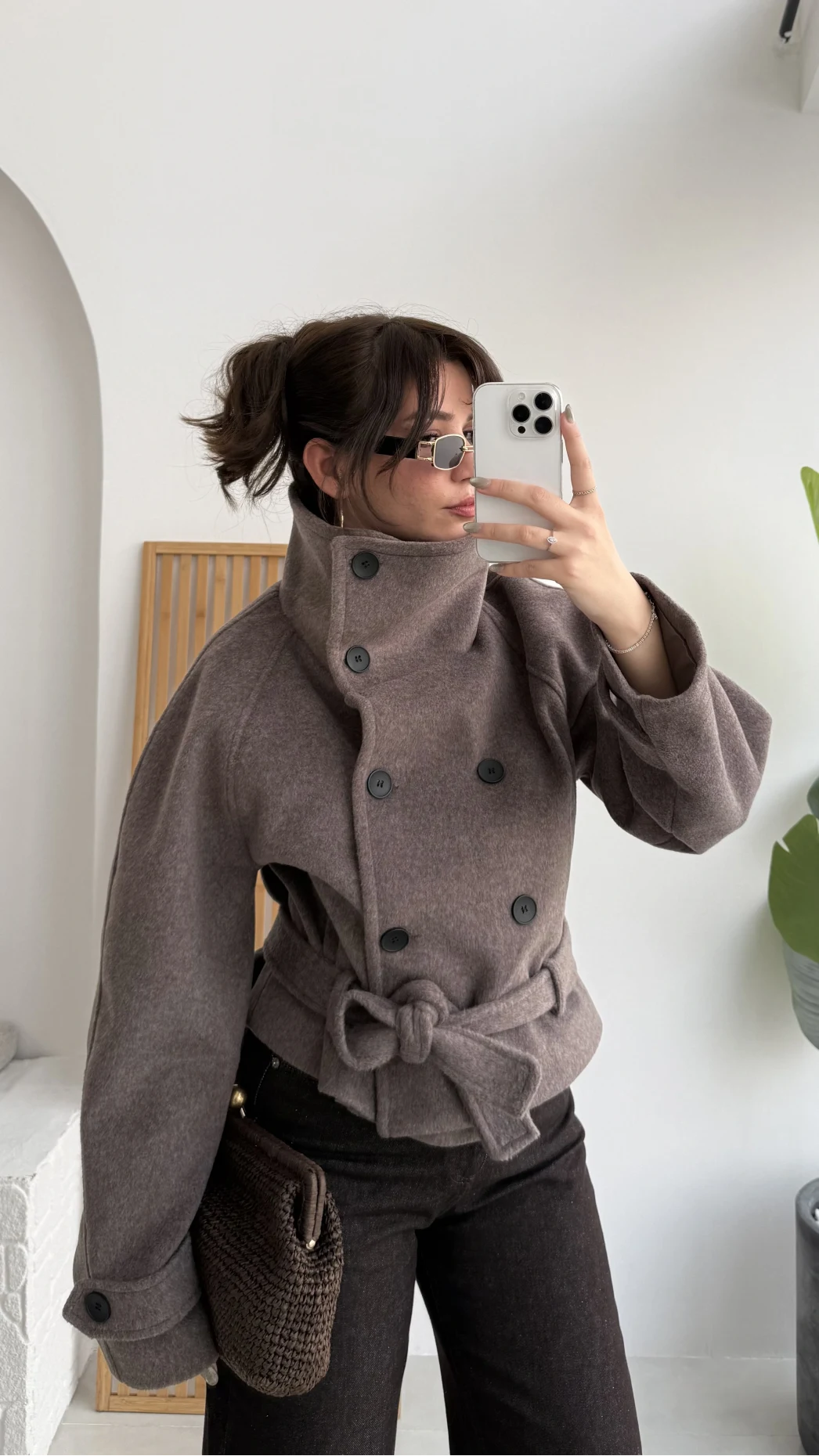 Dik Yaka Kuşaklı Kısa Kaşe Kaban - Kahverengi - Kod: 10301