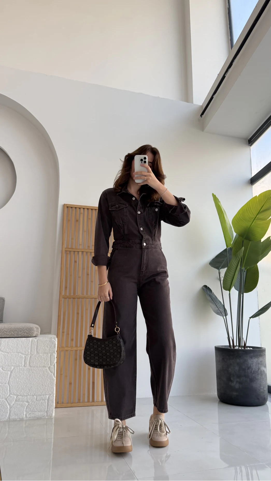 Dikiş Detaylı Denim Tulum - Acı Kahve