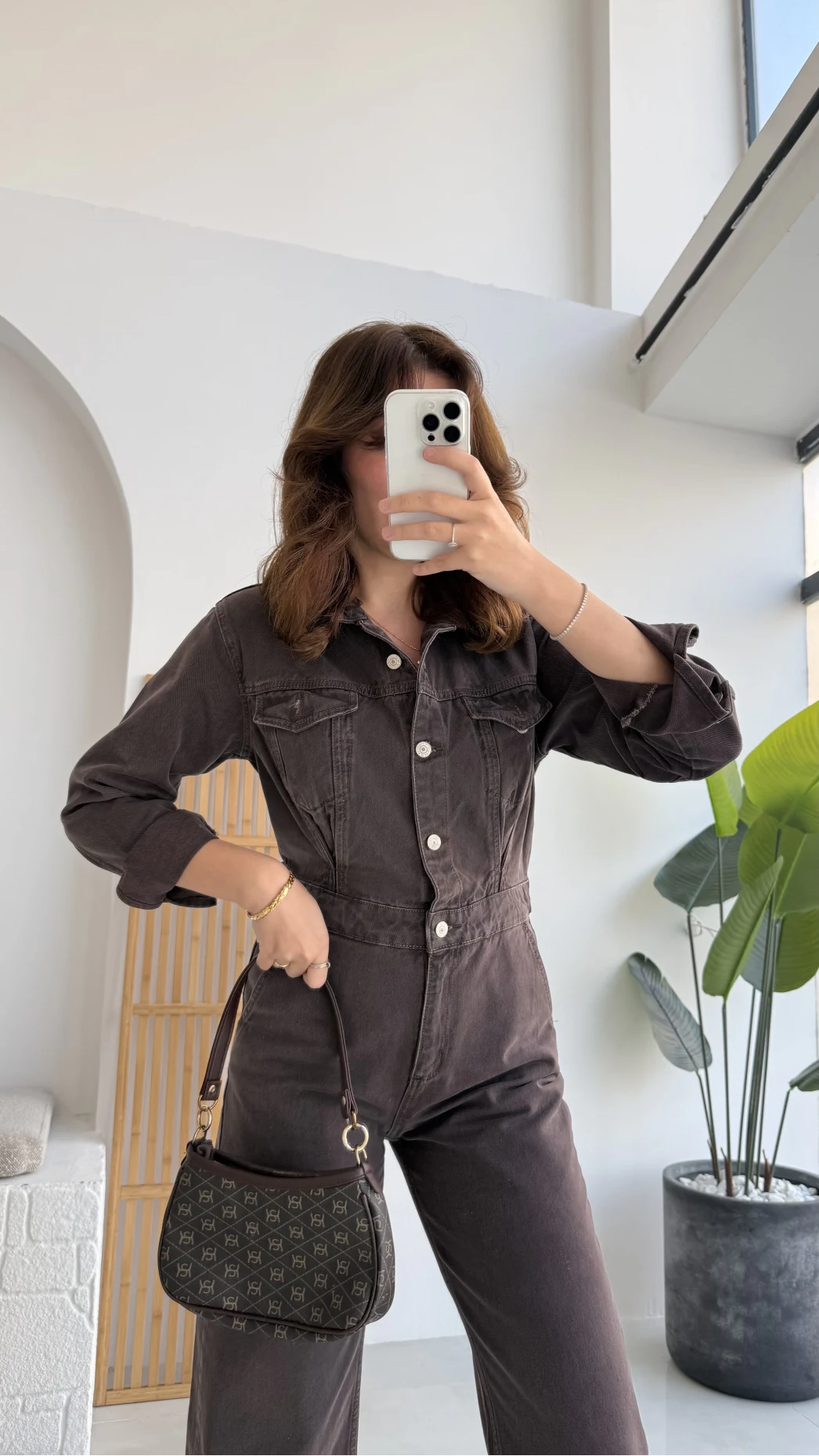 Dikiş Detaylı Denim Tulum - Acı Kahve