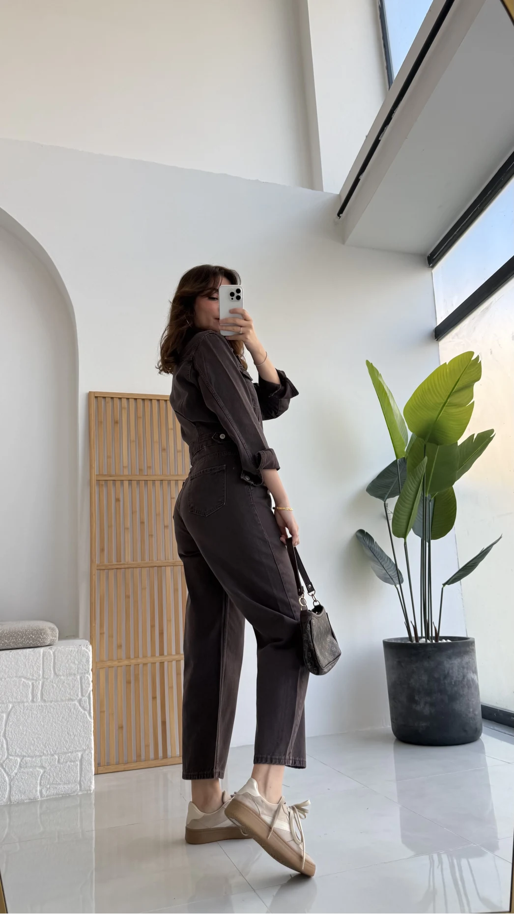 Dikiş Detaylı Denim Tulum - Acı Kahve