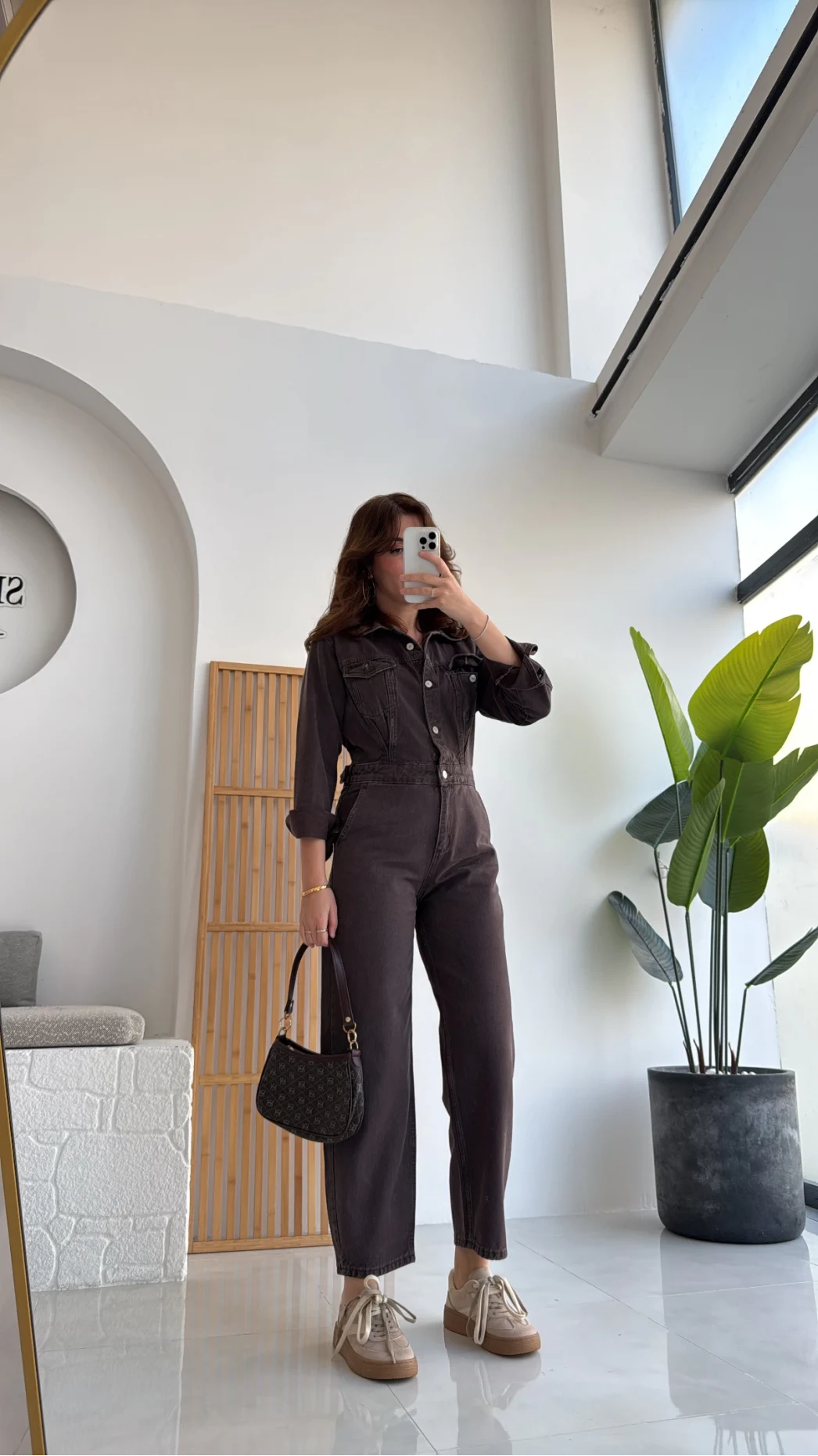 Dikiş Detaylı Denim Tulum - Acı Kahve