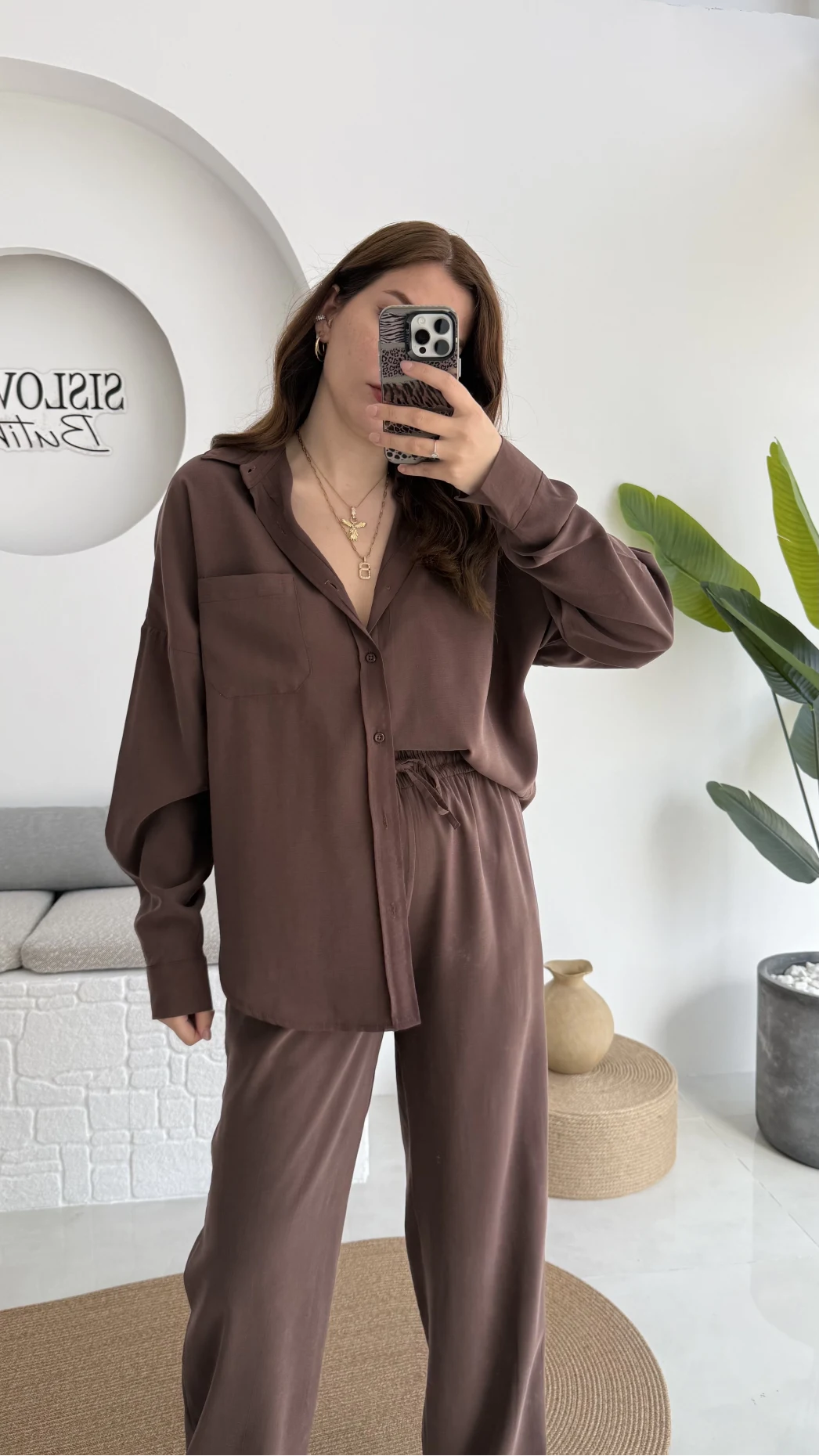 Diva Modal Gömlek Pantolon Takım Kahve