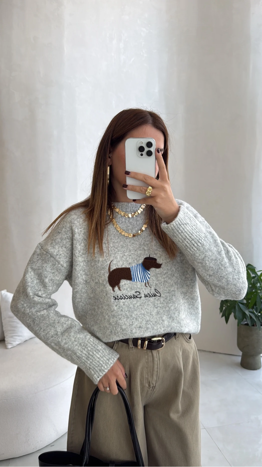 Dogs Baskılı Triko Kazak - Gri - Kod: 9114