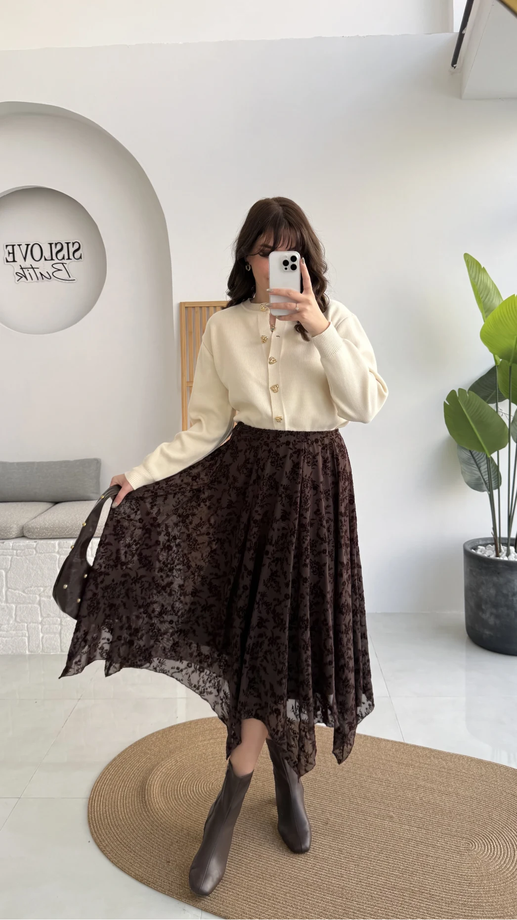 Dokulu Asimetrik Kesim Tül Etek - Kahverengi