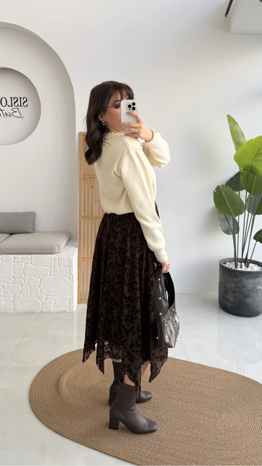 Dokulu Asimetrik Kesim Tül Etek - Kahverengi