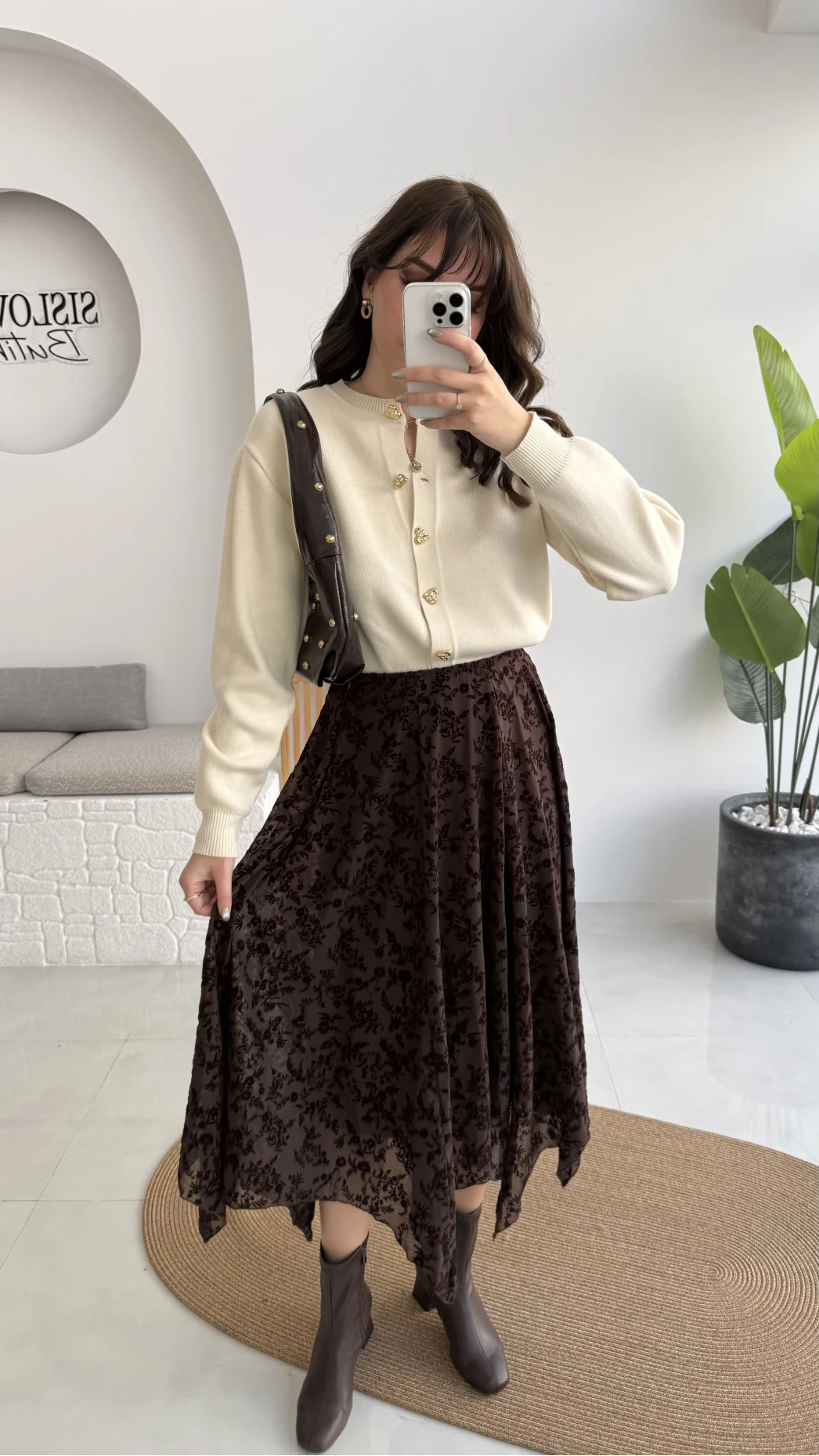 Dokulu Asimetrik Kesim Tül Etek - Kahverengi