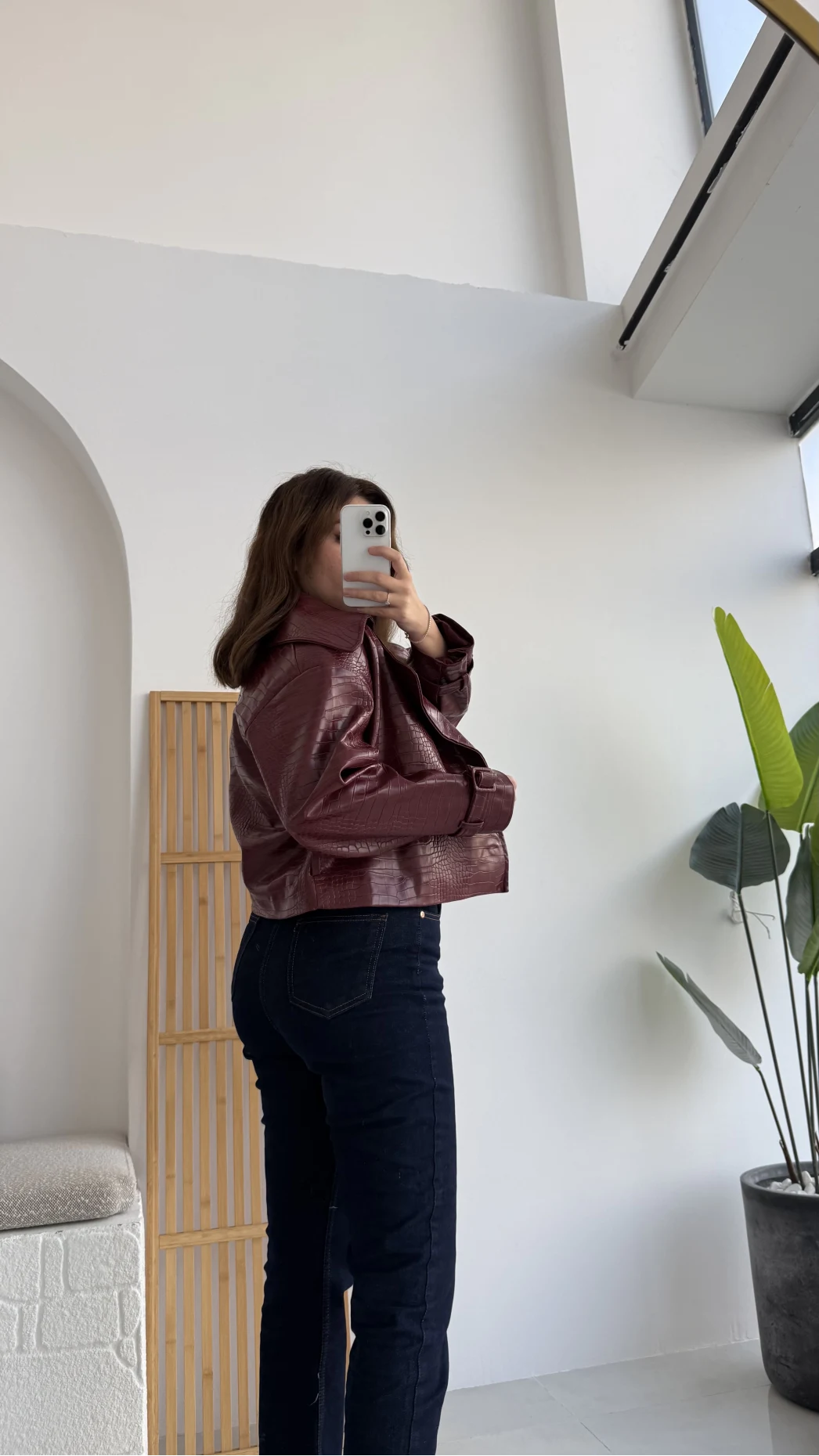 Dokulu Kemerli Deri Ceket Bordo Kod:9632
