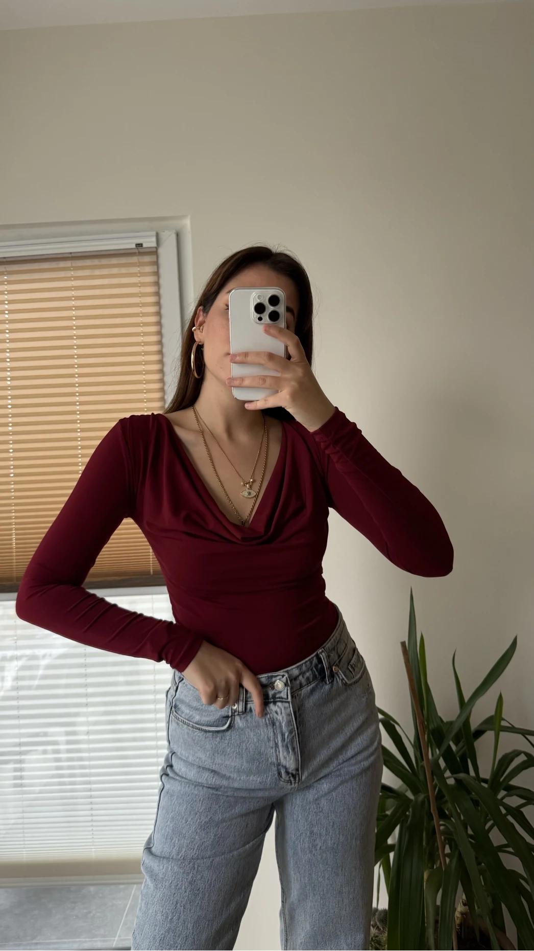 Dökümlü Yaka Bordo Bluz