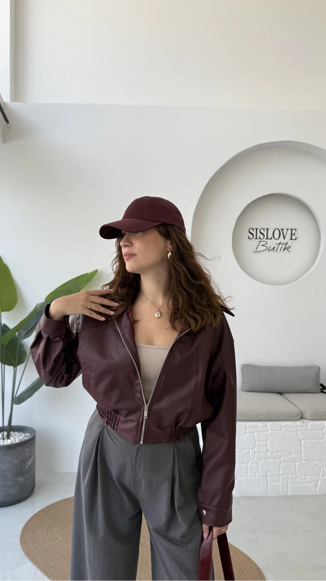 Dolly Bomber Beli Lastikli Kısa Deri Ceket - Bordo