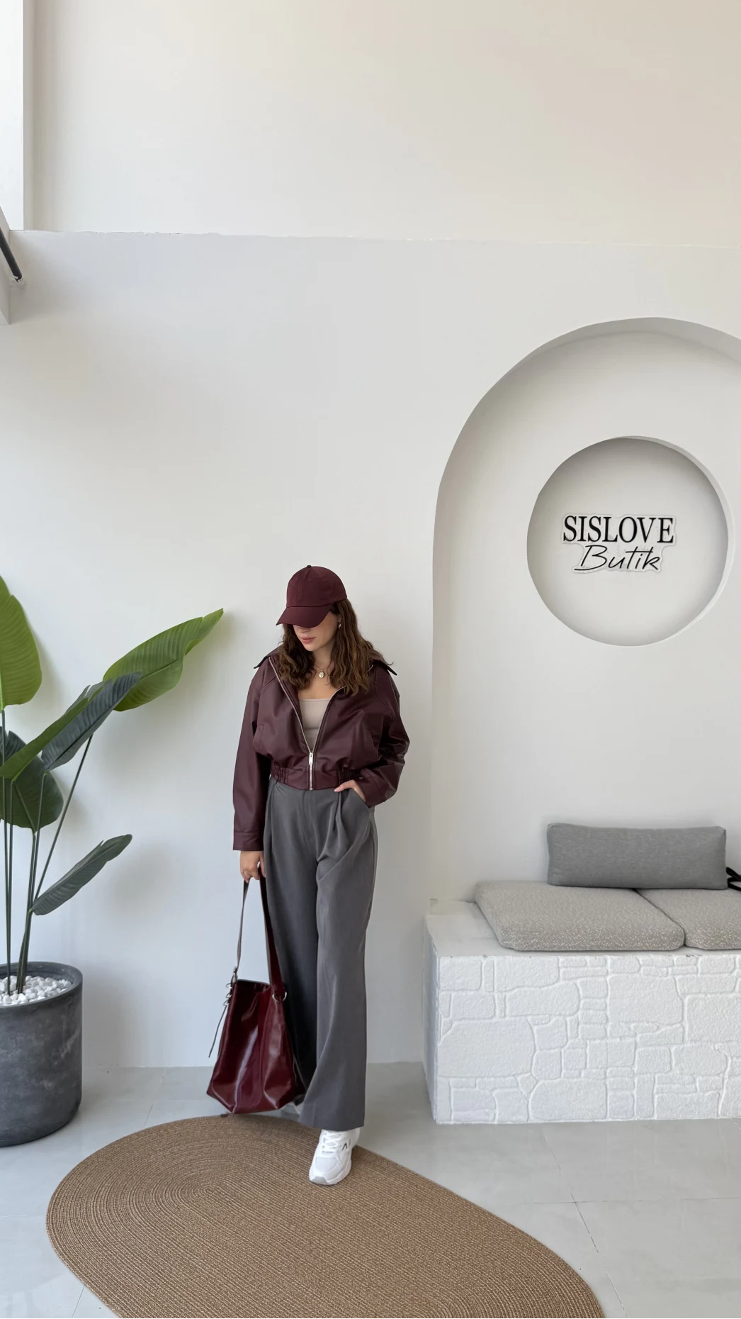 Dolly Bomber Beli Lastikli Kısa Deri Ceket - Bordo