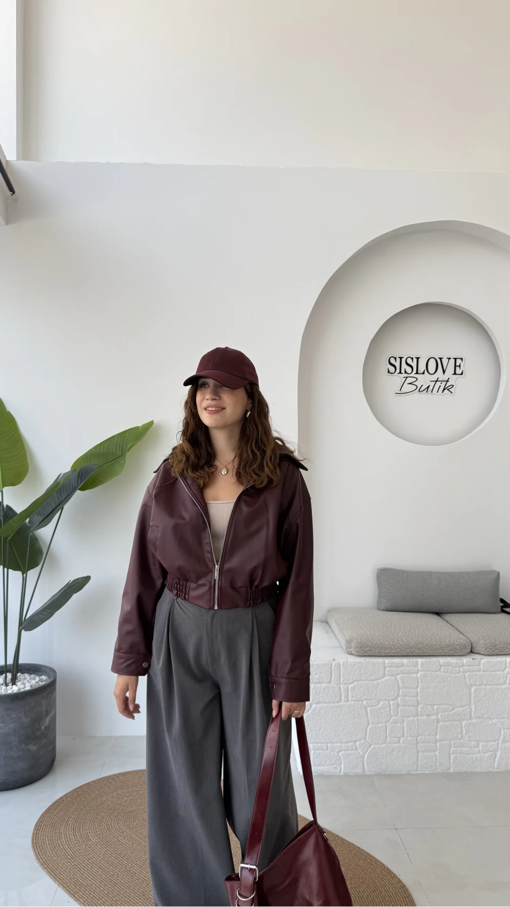 Dolly Bomber Beli Lastikli Kısa Deri Ceket - Bordo