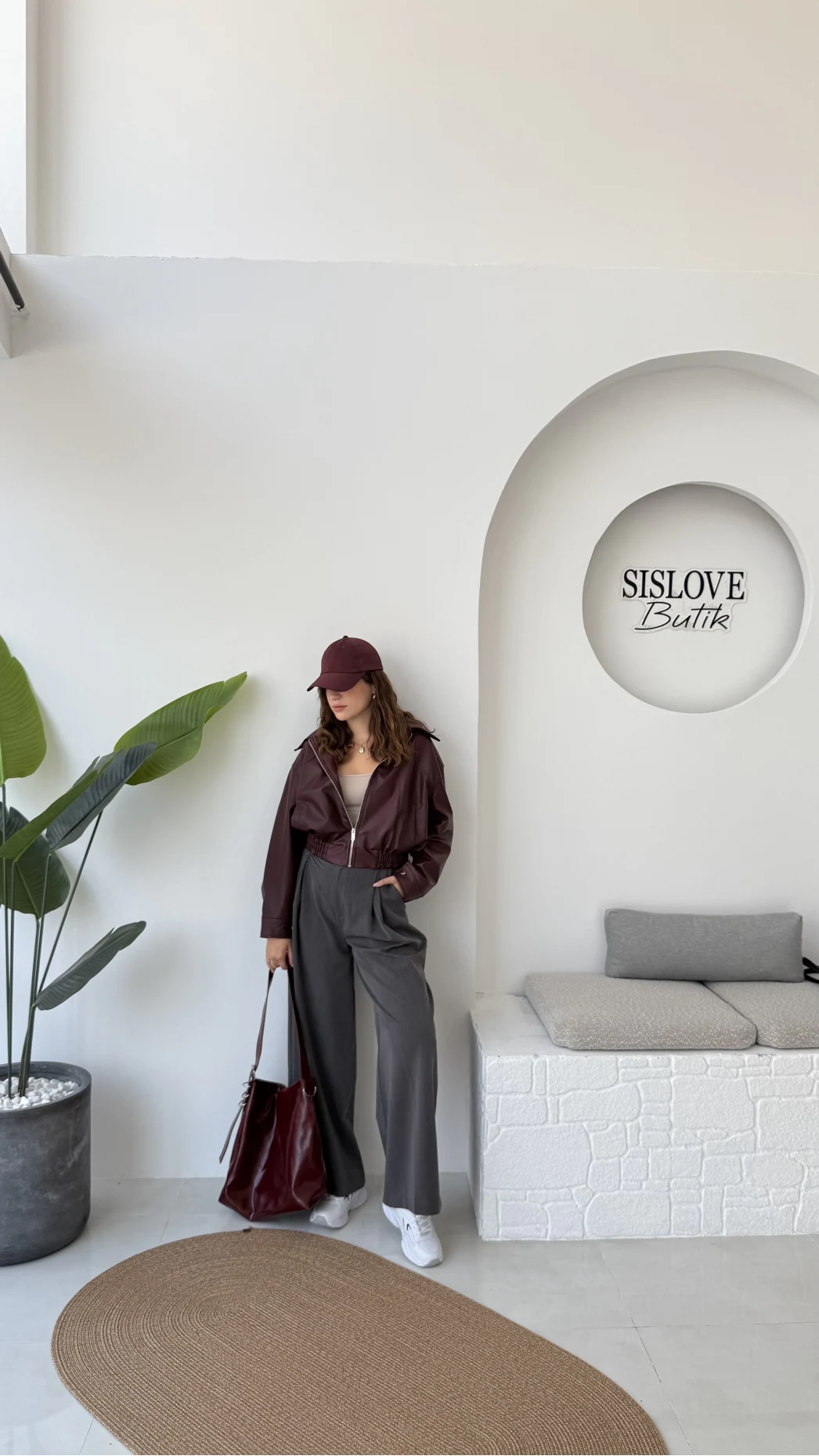 Dolly Bomber Beli Lastikli Kısa Deri Ceket - Bordo