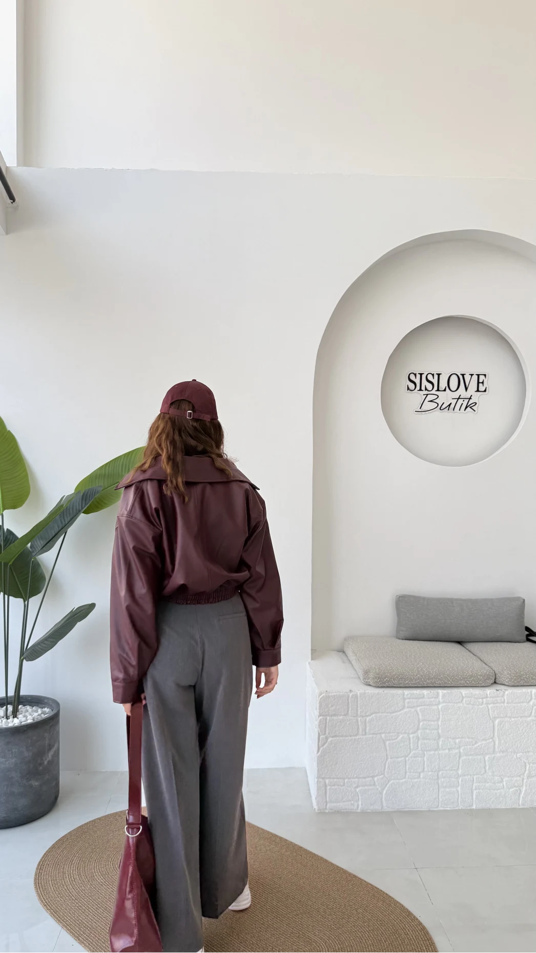 Dolly Bomber Beli Lastikli Kısa Deri Ceket - Bordo