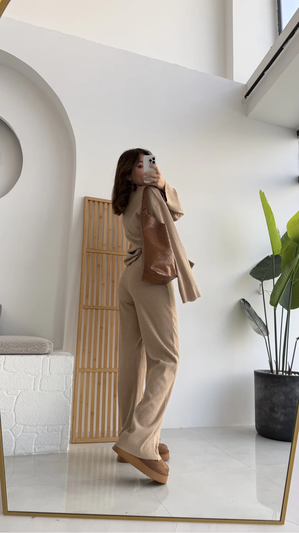 Drew Dik Yaka Fermuarlı Triko Takım - Camel