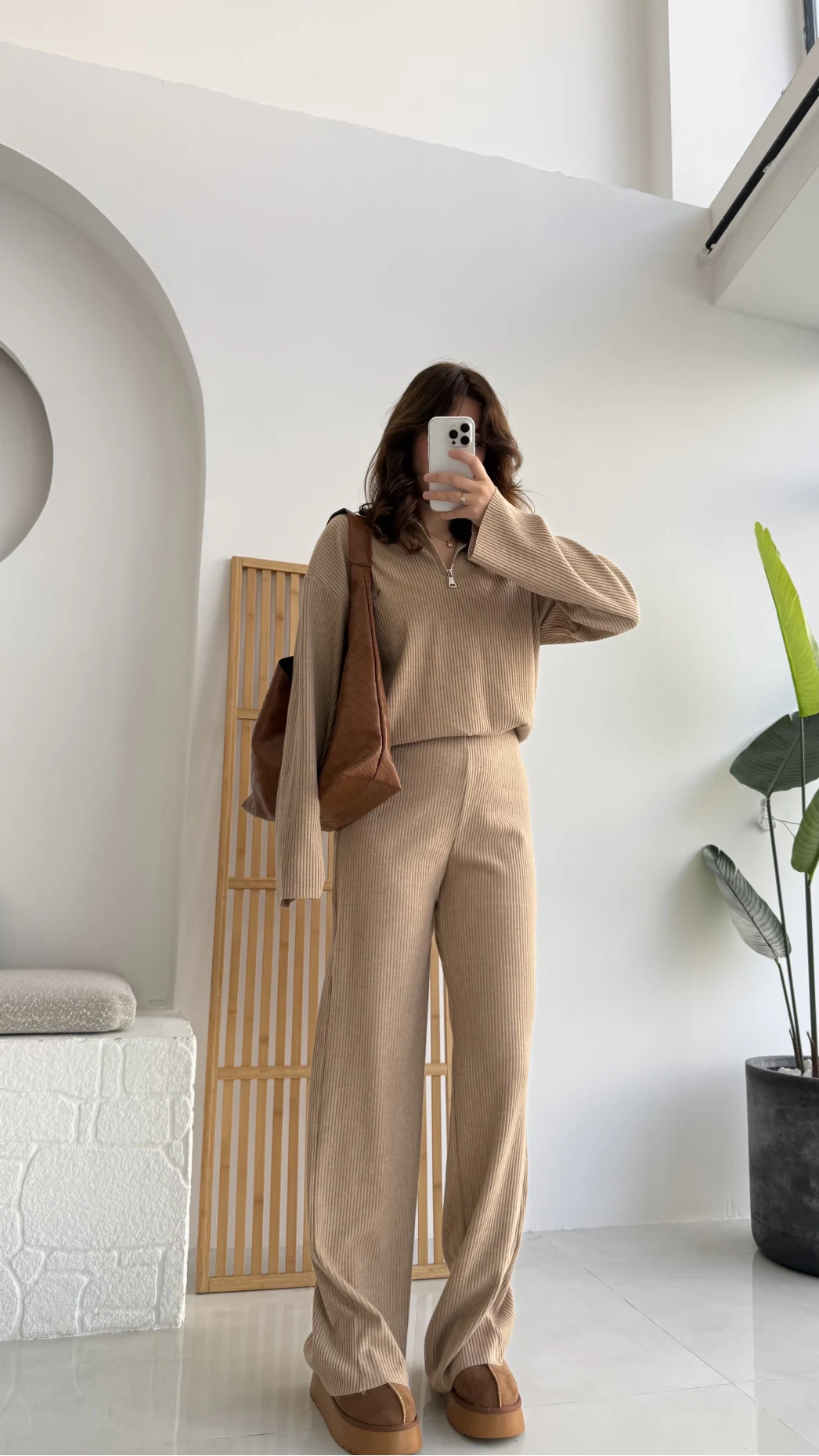 Drew Dik Yaka Fermuarlı Triko Takım - Camel