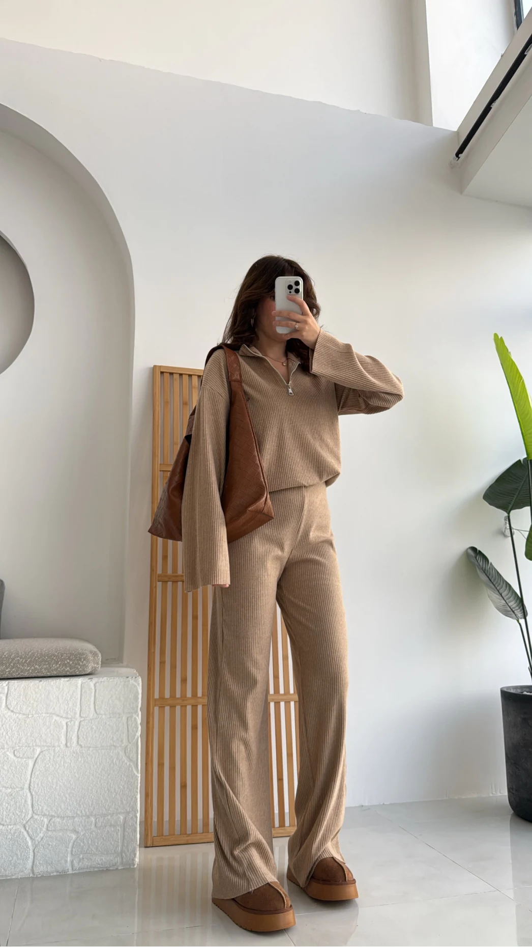 Drew Dik Yaka Fermuarlı Triko Takım - Camel