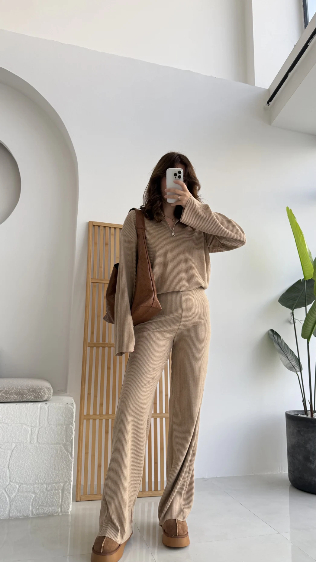 Drew Dik Yaka Fermuarlı Triko Takım - Camel