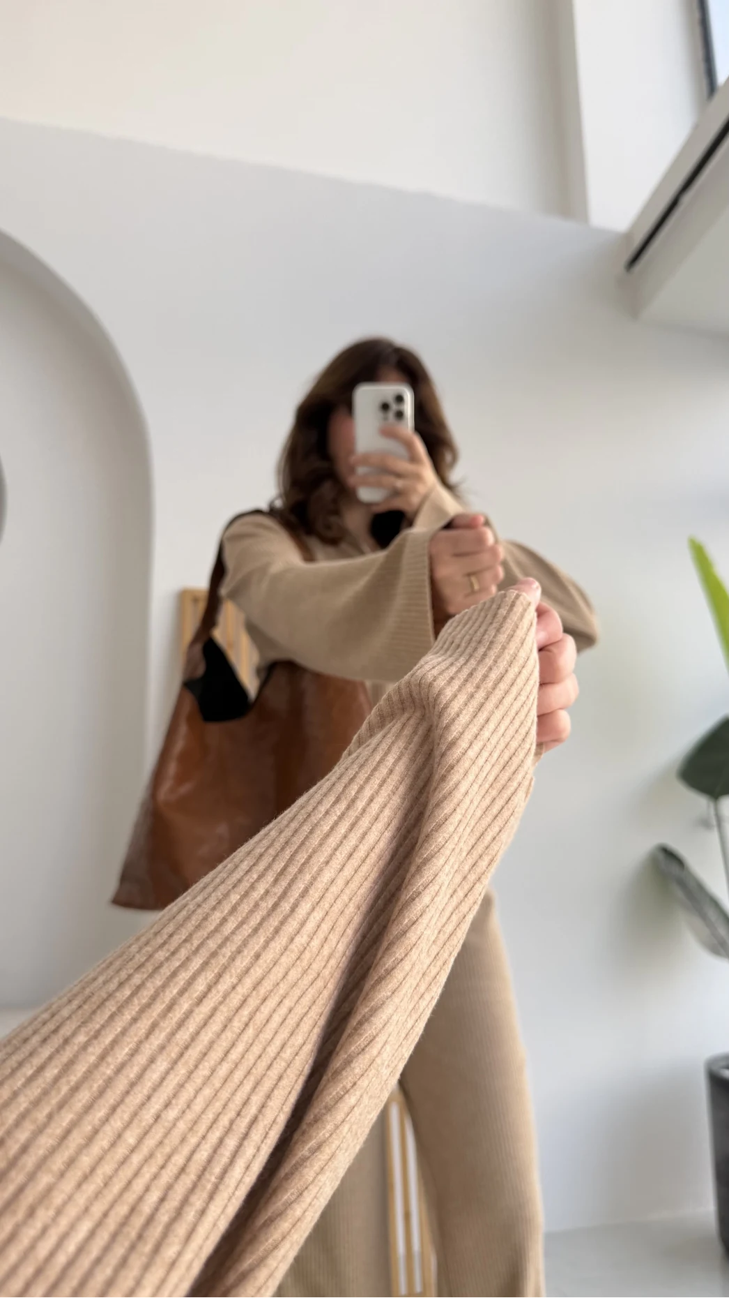 Drew Dik Yaka Fermuarlı Triko Takım - Camel