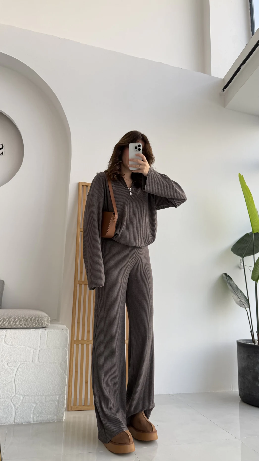 Drew Dik Yaka Fermuarlı Triko Takım - Kahve Vizon Tonları