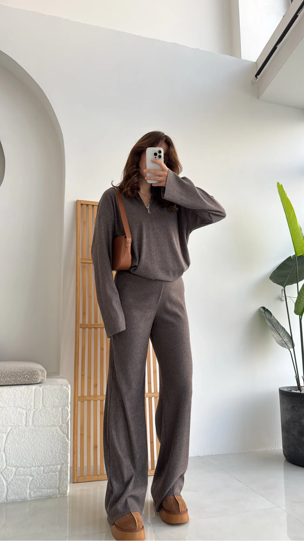 Drew Dik Yaka Fermuarlı Triko Takım - Kahve Vizon Tonları