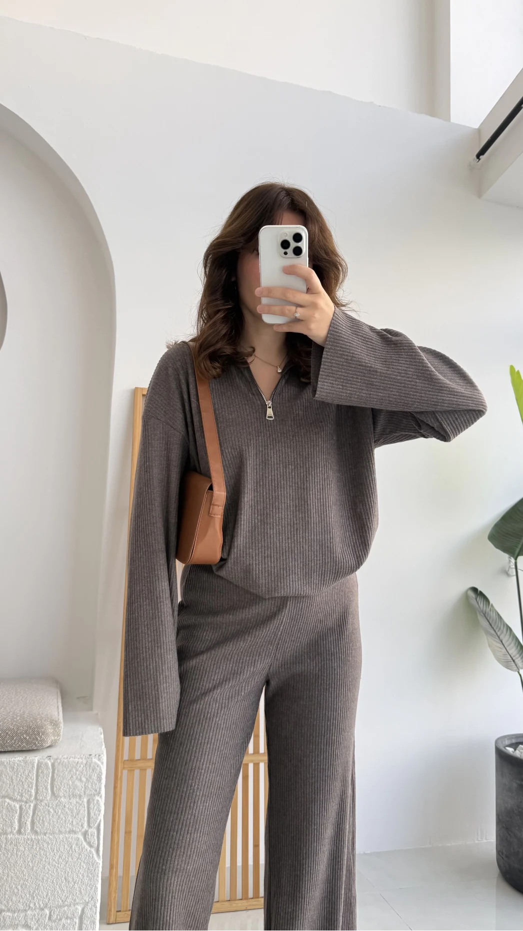 Drew Dik Yaka Fermuarlı Triko Takım - Kahve Vizon Tonları