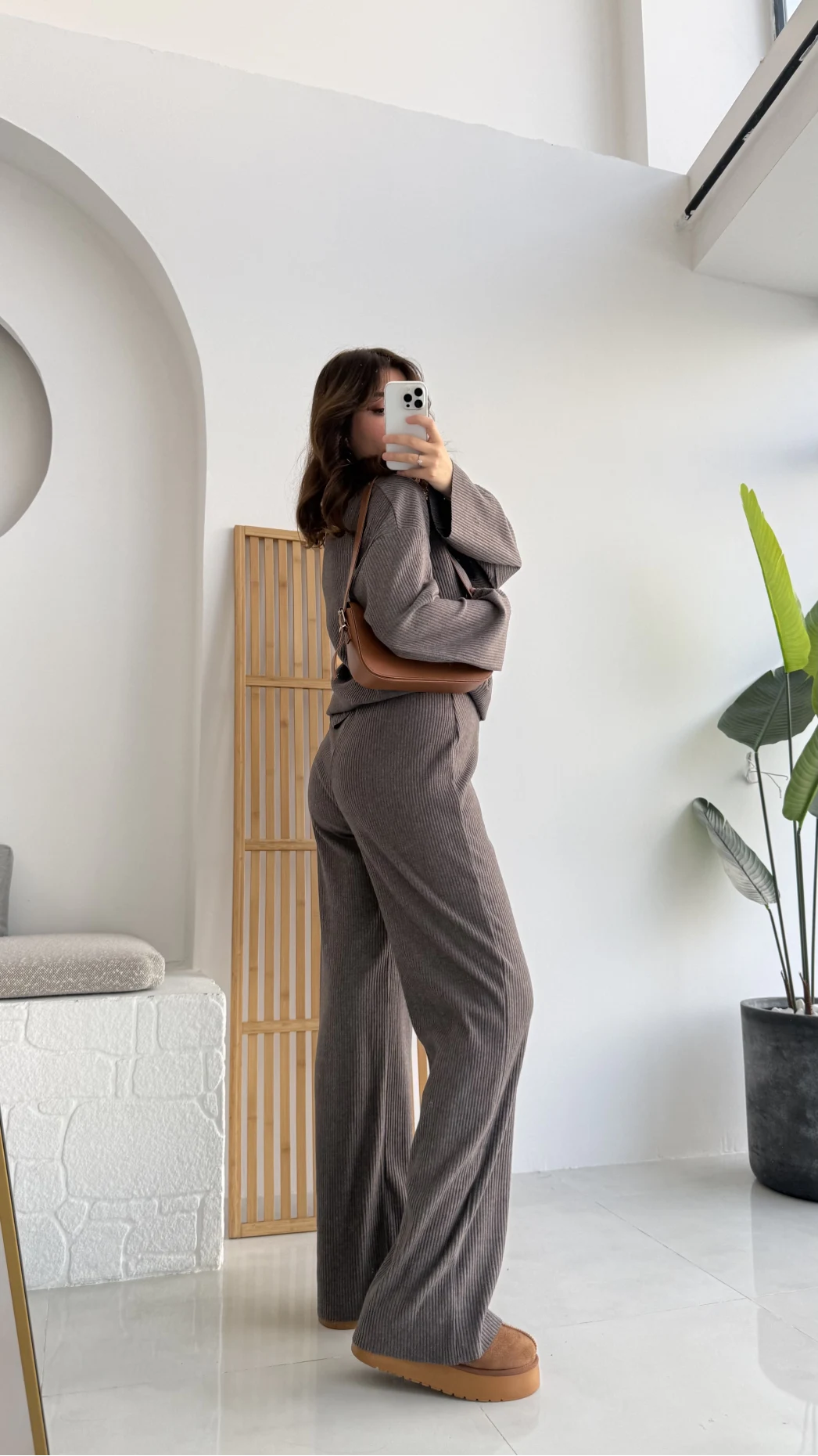 Drew Dik Yaka Fermuarlı Triko Takım - Kahve Vizon Tonları