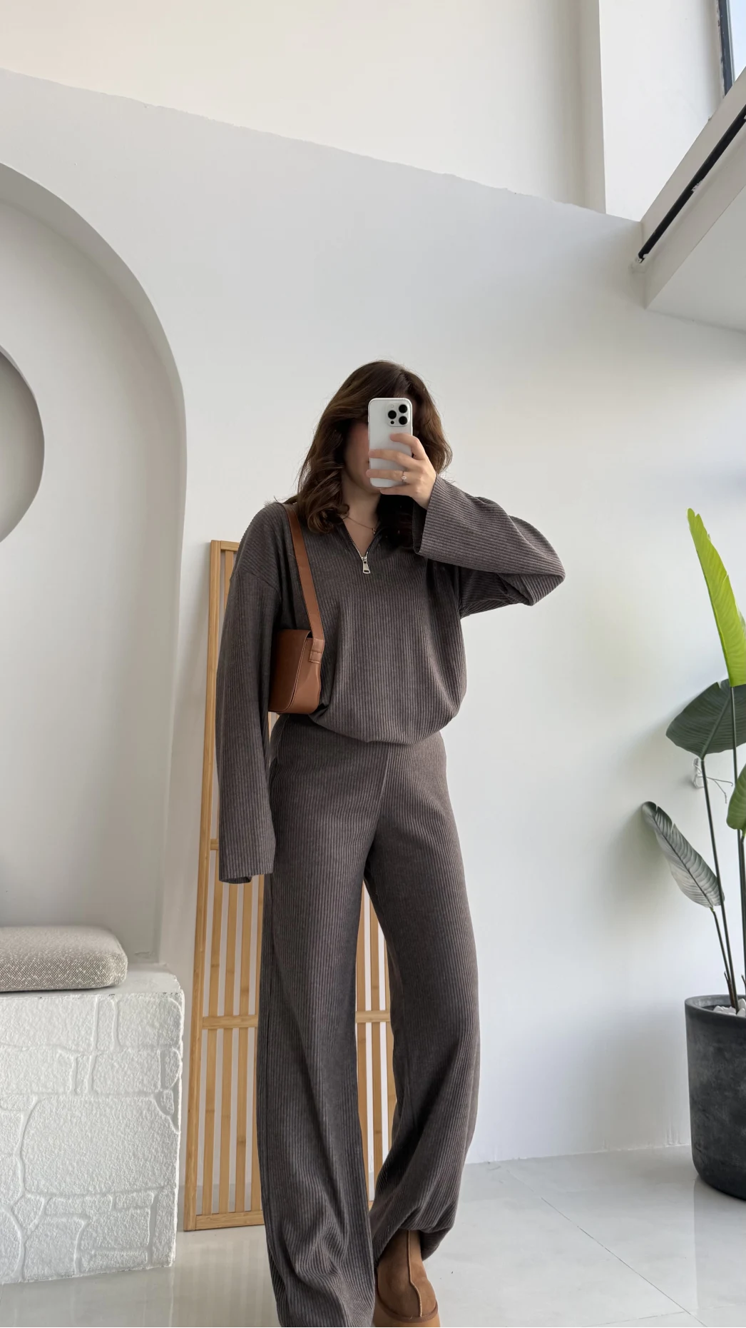 Drew Dik Yaka Fermuarlı Triko Takım - Kahve Vizon Tonları