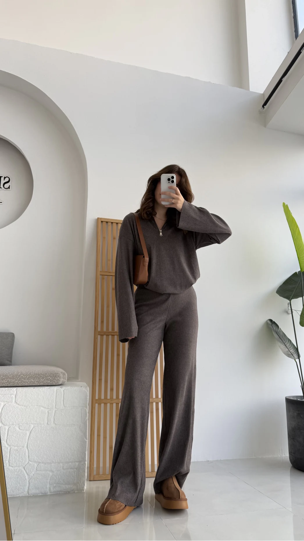 Drew Dik Yaka Fermuarlı Triko Takım - Kahve Vizon Tonları