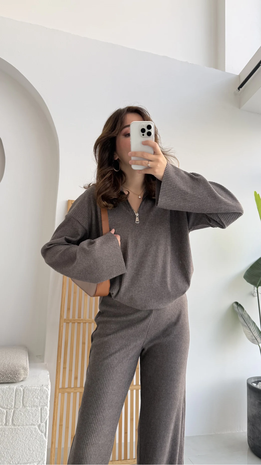 Drew Dik Yaka Fermuarlı Triko Takım - Kahve Vizon Tonları