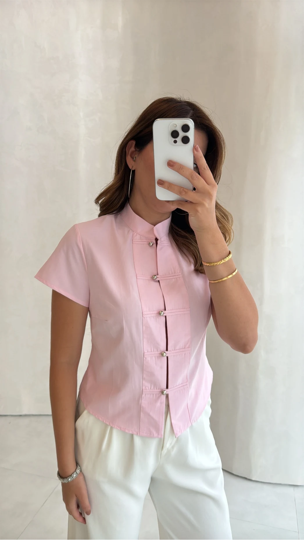 Düğme Detay Gömlek - Pembe - Kod: 2329