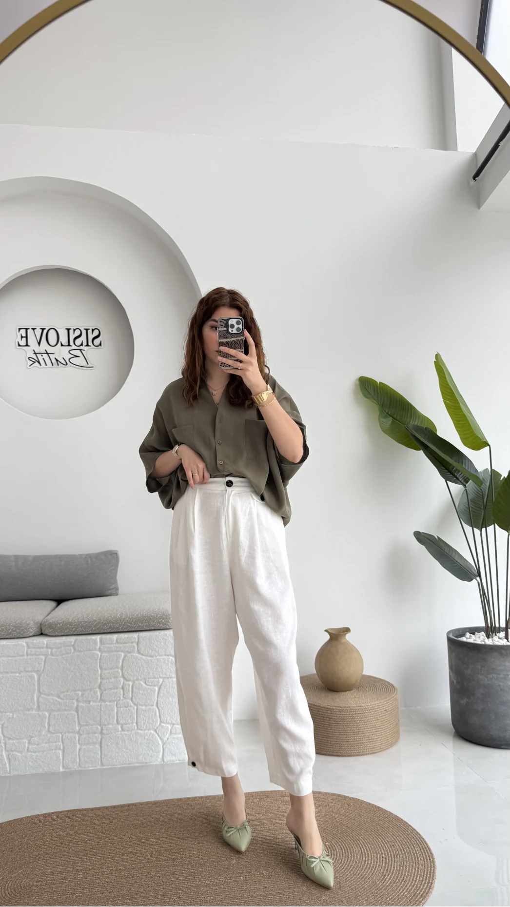 Düğme Detay Keten Pantolon - Beyaz - 50976