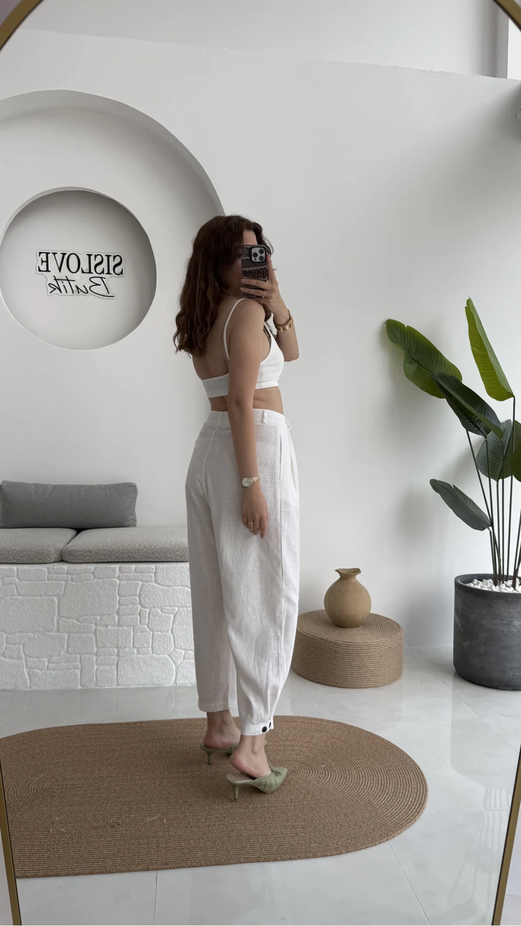 Düğme Detay Keten Pantolon - Beyaz - 50976