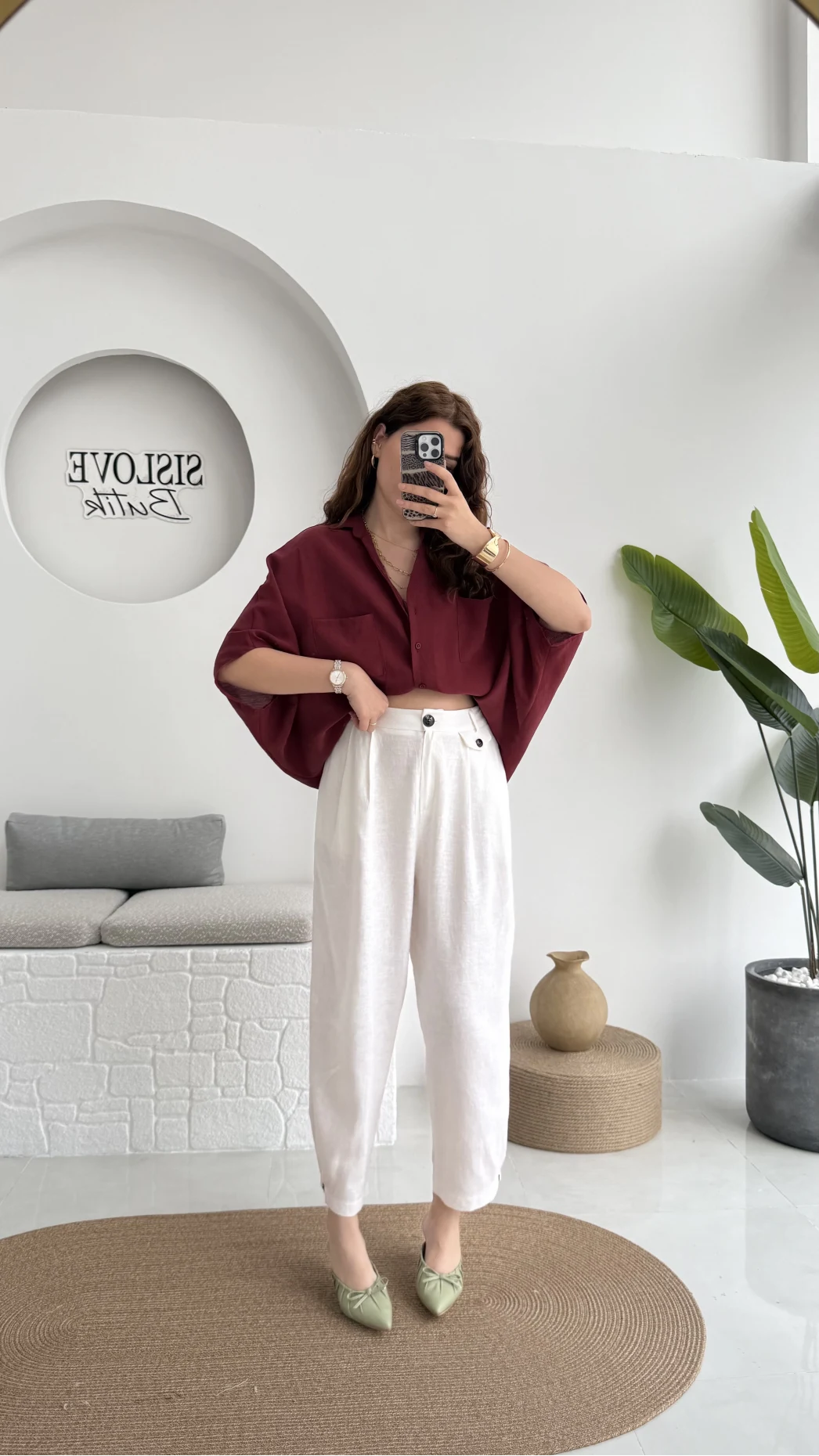 Düğme Detay Keten Pantolon - Beyaz - 50976