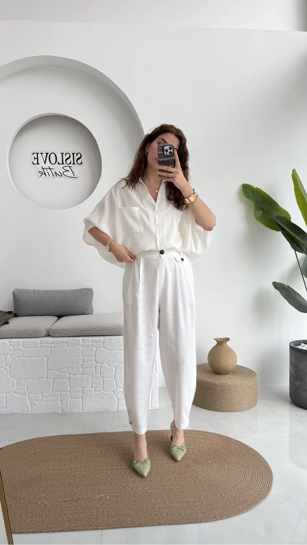 Düğme Detay Keten Pantolon - Beyaz - 50976