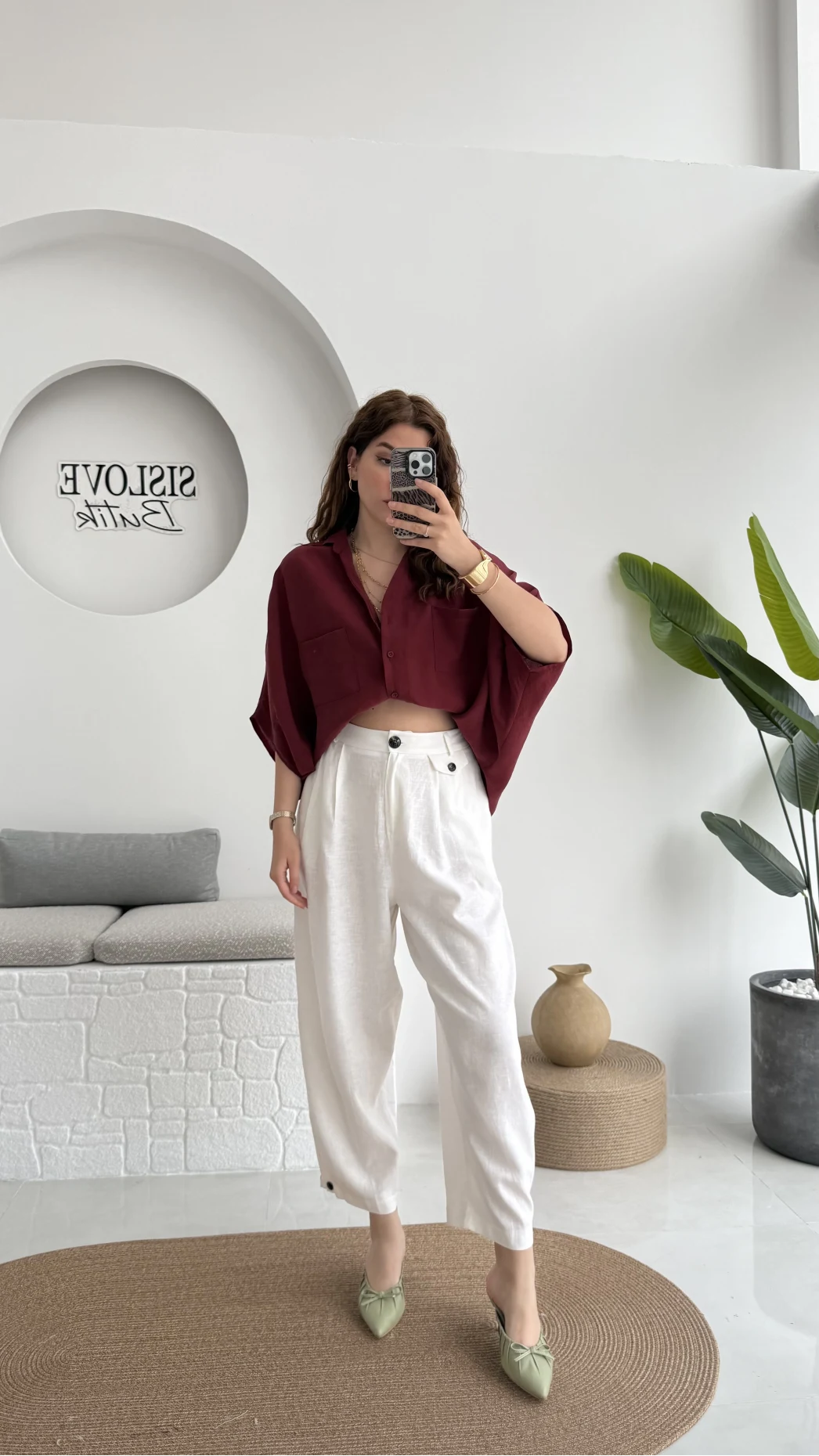 Düğme Detay Keten Pantolon - Beyaz - 50976