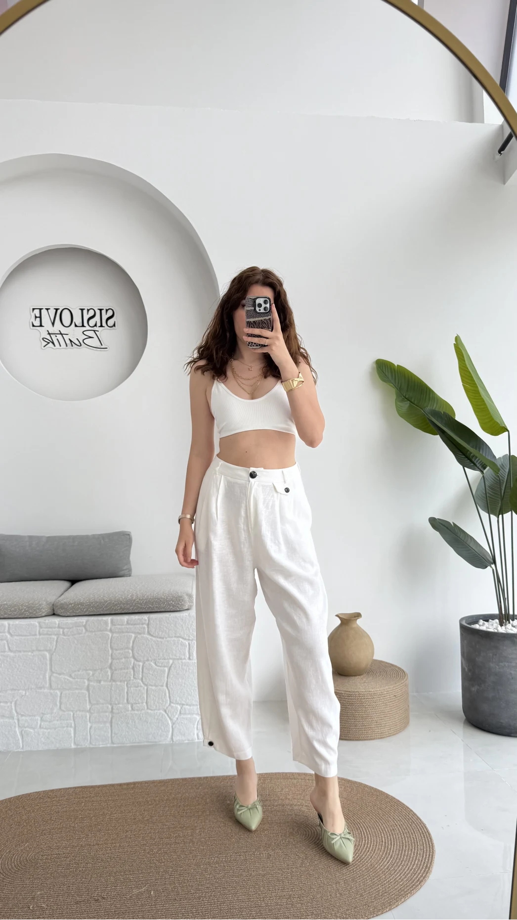 Düğme Detay Keten Pantolon - Beyaz - 50976