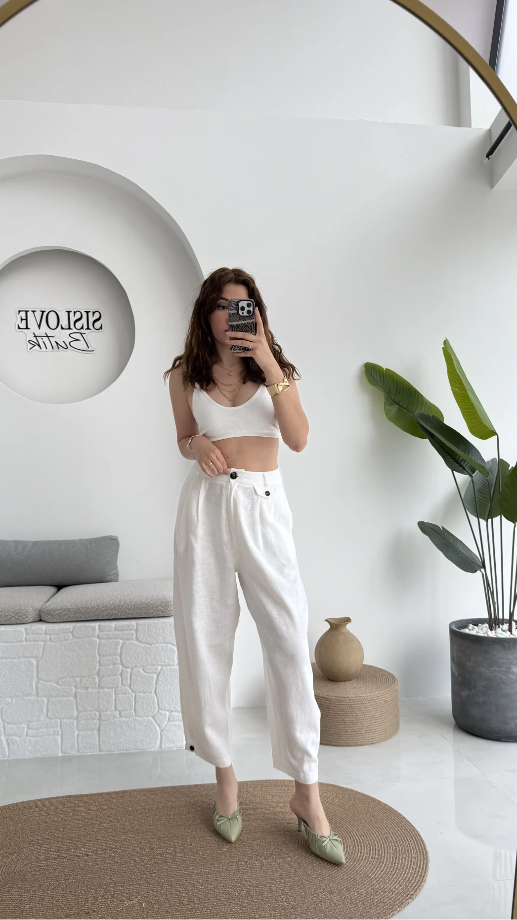 Düğme Detay Keten Pantolon - Beyaz - 50976