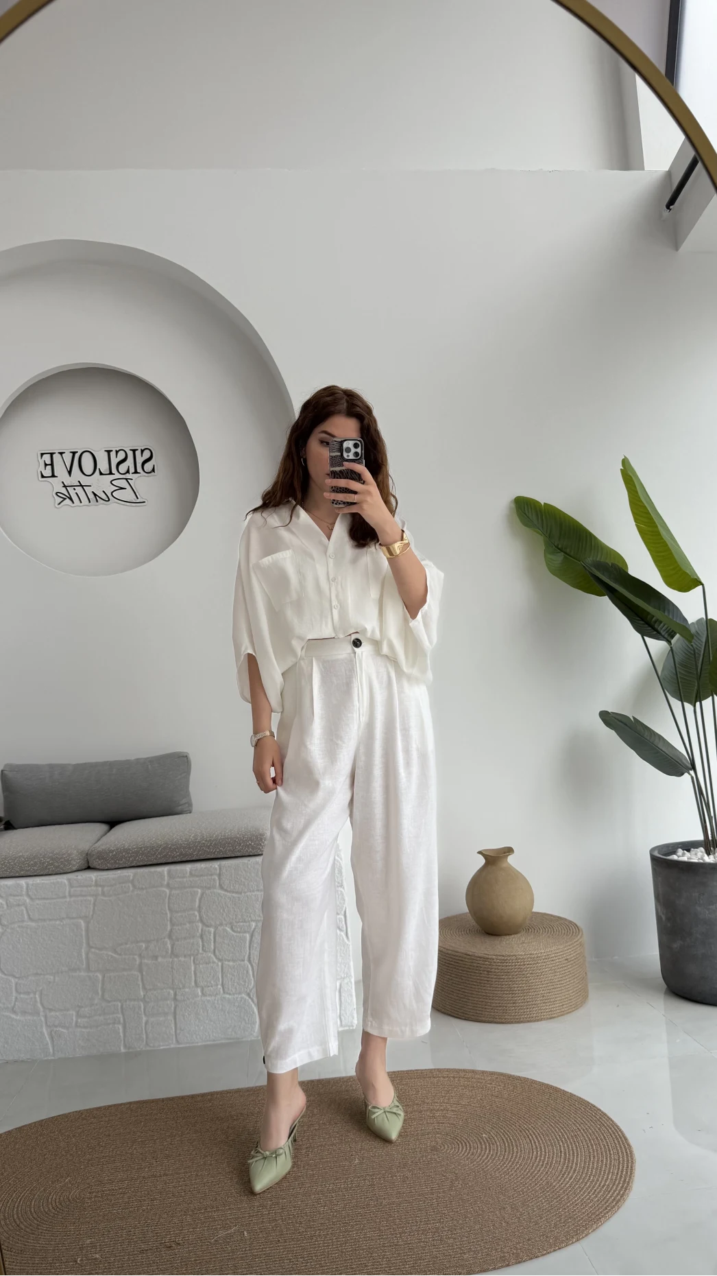 Düğme Detay Keten Pantolon - Beyaz - 50976