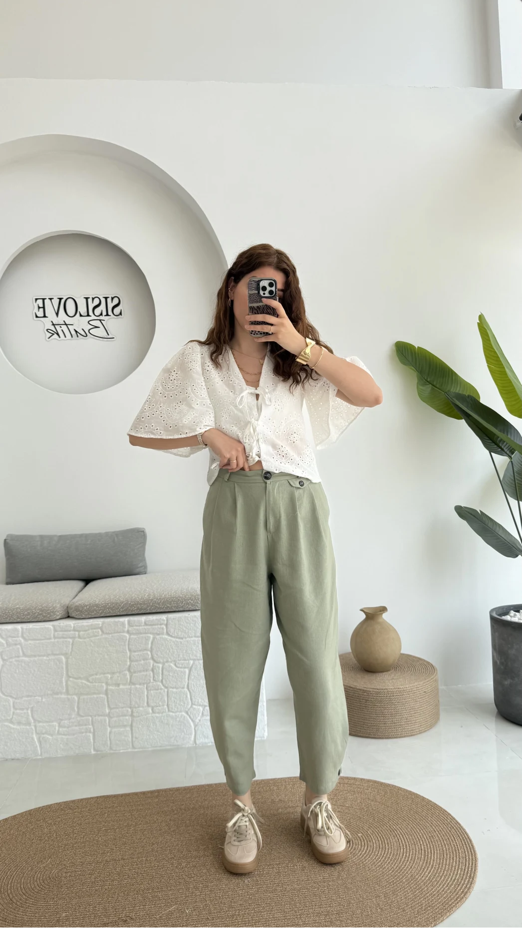 Düğme Detay Keten Pantolon - Çağla Yeşili - 50976