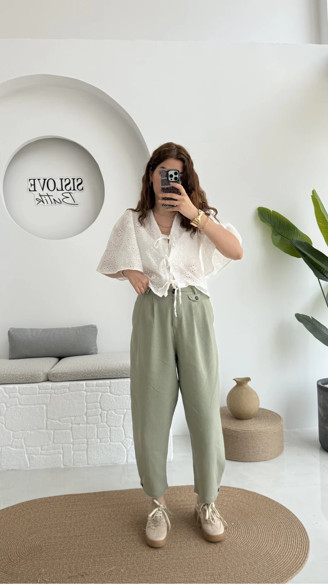 Düğme Detay Keten Pantolon - Çağla Yeşili - 50976