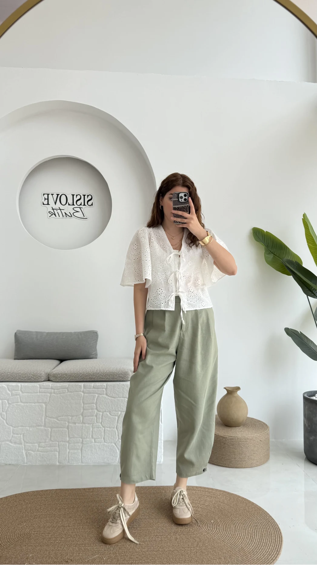 Düğme Detay Keten Pantolon - Çağla Yeşili - 50976