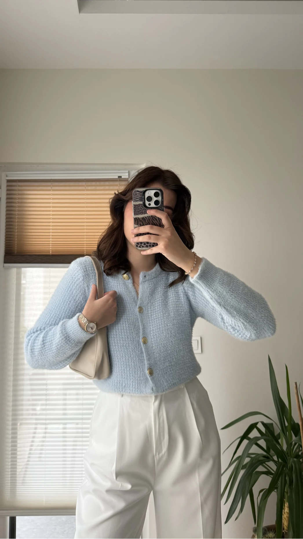 Düğme Detay Peluş Hırka Mavi