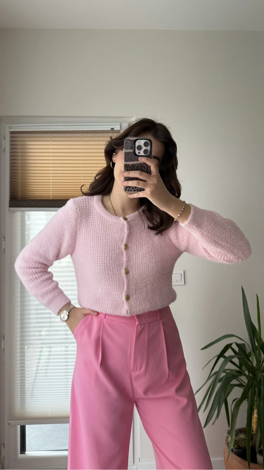 Düğme Detay Peluş Hırka Pembe