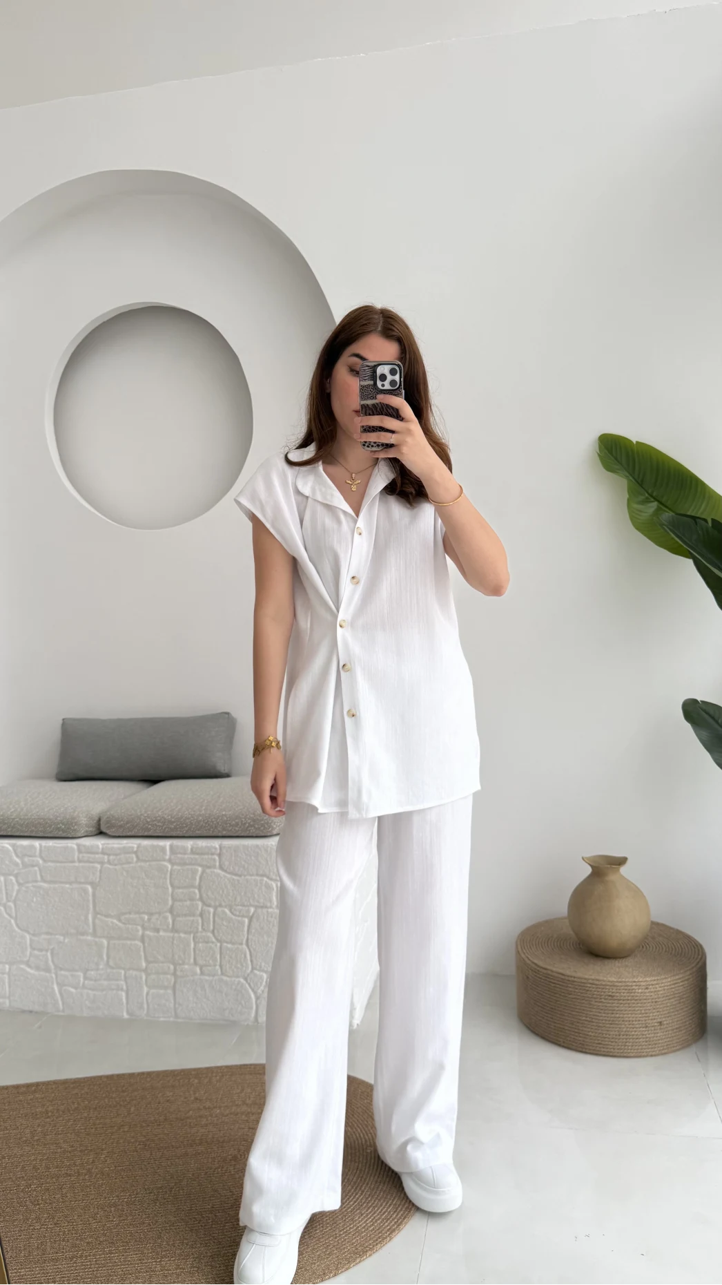 Düğme Detay Yelek Takım - 8613 - Beyaz