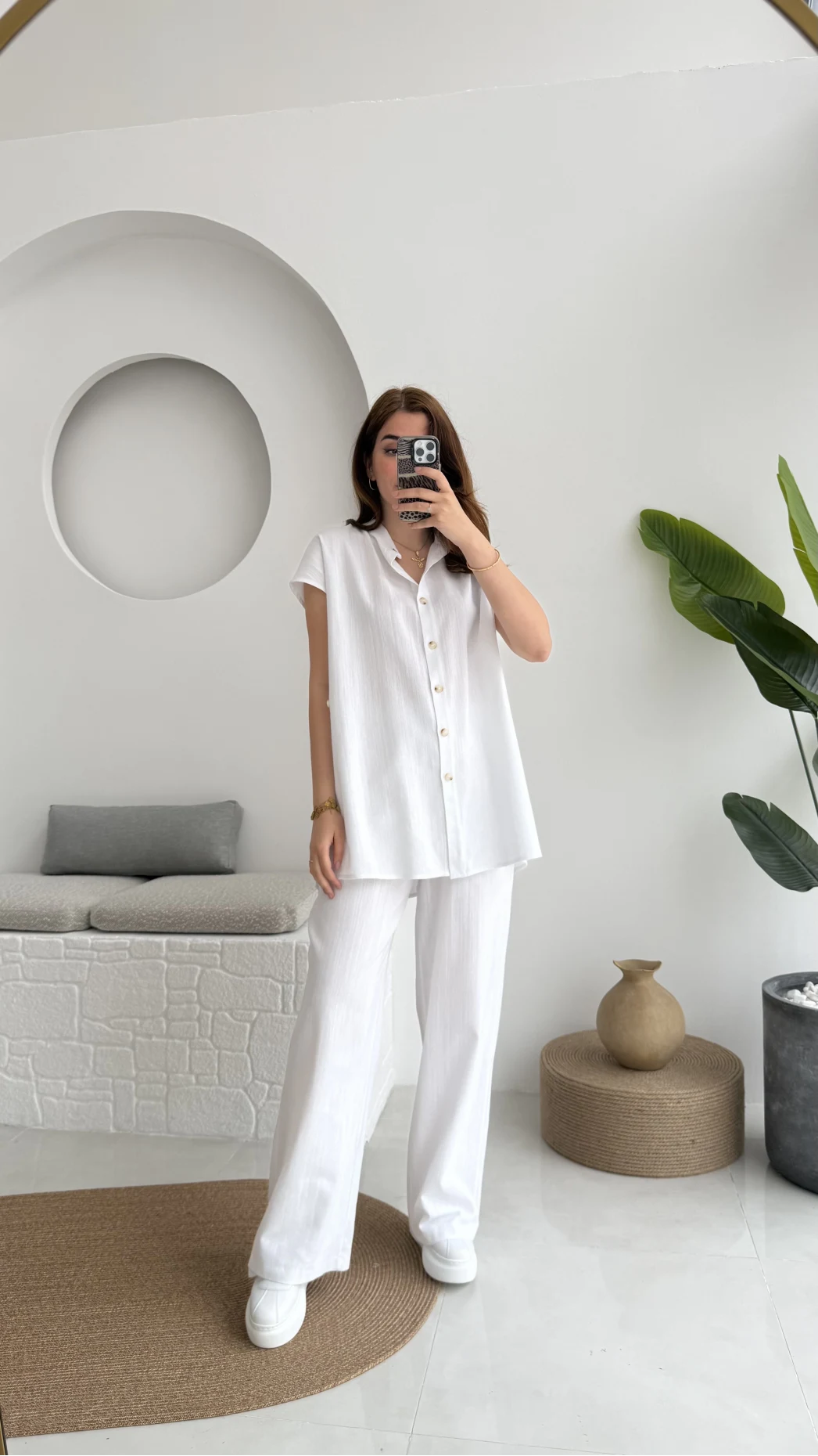 Düğme Detay Yelek Takım - 8613 - Beyaz