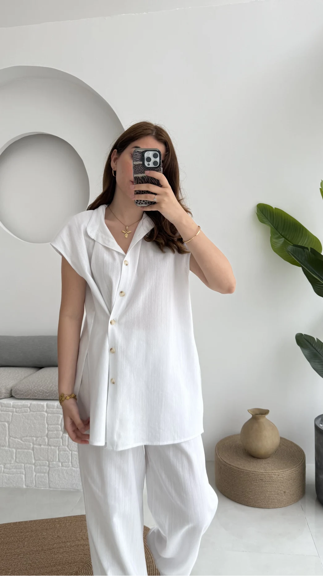 Düğme Detay Yelek Takım - 8613 - Beyaz