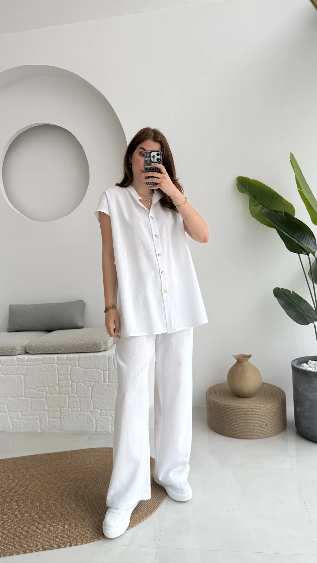 Düğme Detay Yelek Takım - 8613 - Beyaz